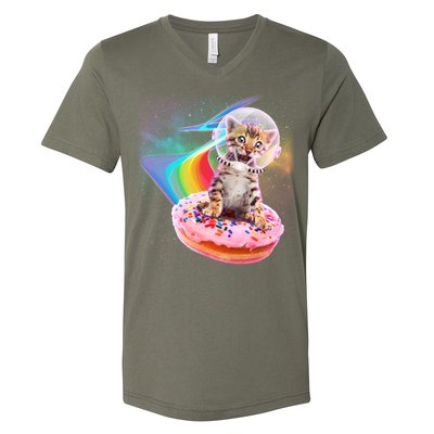 Funny Cute Astronaut Kitty On Rainbow Sprinkle Donut V-Neck T-Shirt
