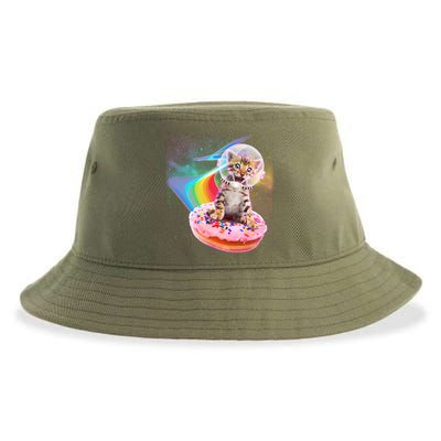Funny Cute Astronaut Kitty On Rainbow Sprinkle Donut Sustainable Bucket Hat