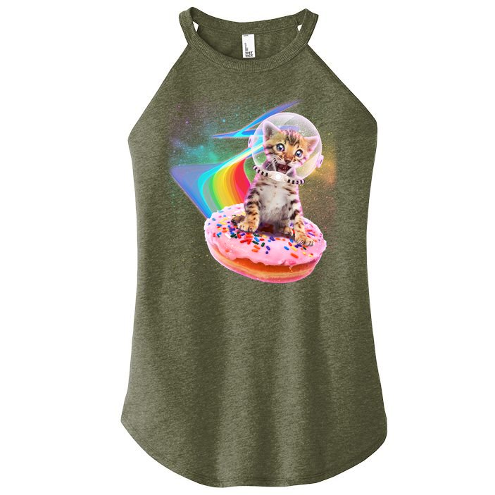 Funny Cute Astronaut Kitty On Rainbow Sprinkle Donut Women's Perfect Tri Rocker Tank