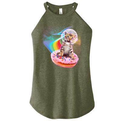 Funny Cute Astronaut Kitty On Rainbow Sprinkle Donut Women’s Perfect Tri Rocker Tank