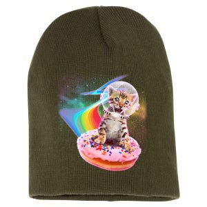 Funny Cute Astronaut Kitty On Rainbow Sprinkle Donut Short Acrylic Beanie