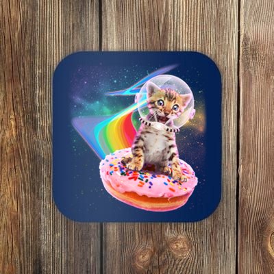 Funny Cute Astronaut Kitty On Rainbow Sprinkle Donut Coaster