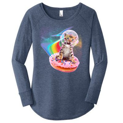 Funny Cute Astronaut Kitty On Rainbow Sprinkle Donut Women's Perfect Tri Tunic Long Sleeve Shirt