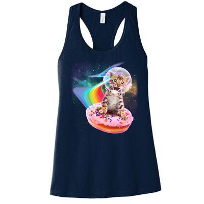 Funny Cute Astronaut Kitty On Rainbow Sprinkle Donut Women's Racerback Tank