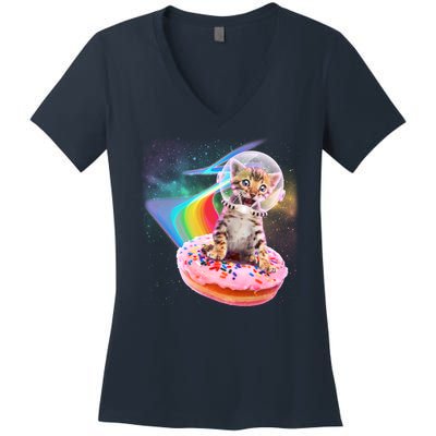 Funny Cute Astronaut Kitty On Rainbow Sprinkle Donut Women's V-Neck T-Shirt