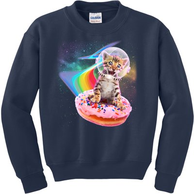 Funny Cute Astronaut Kitty On Rainbow Sprinkle Donut Kids Sweatshirt