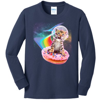 Funny Cute Astronaut Kitty On Rainbow Sprinkle Donut Kids Long Sleeve Shirt