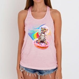 Funny Cute Astronaut Kitty On Rainbow Sprinkle Donut Women's Knotted Racerback Tank