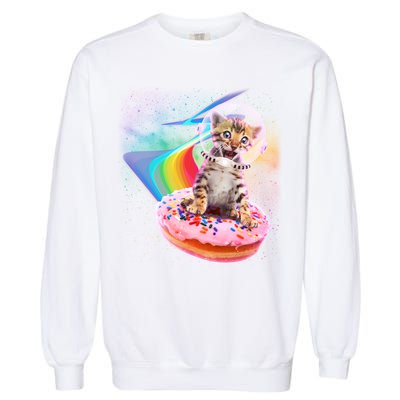 Funny Cute Astronaut Kitty On Rainbow Sprinkle Donut Garment-Dyed Sweatshirt
