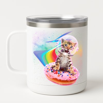 Funny Cute Astronaut Kitty On Rainbow Sprinkle Donut 12 oz Stainless Steel Tumbler Cup