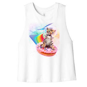 Funny Cute Astronaut Kitty On Rainbow Sprinkle Donut Women's Racerback Cropped Tank