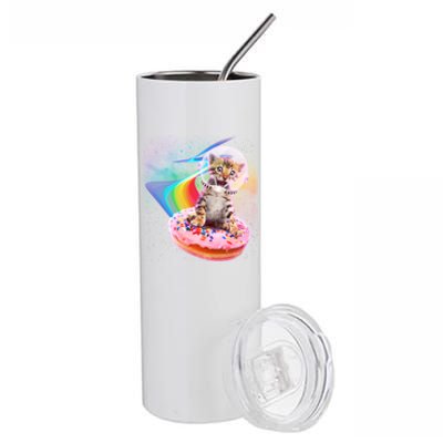 Funny Cute Astronaut Kitty On Rainbow Sprinkle Donut Stainless Steel Tumbler