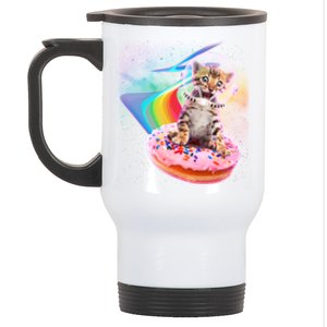 Funny Cute Astronaut Kitty On Rainbow Sprinkle Donut Stainless Steel Travel Mug