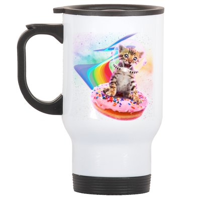 Funny Cute Astronaut Kitty On Rainbow Sprinkle Donut Stainless Steel Travel Mug