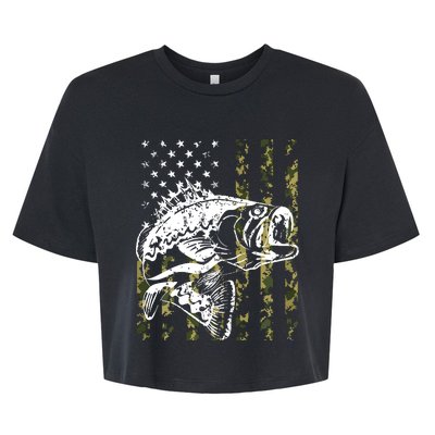 Fishing, Camouflage American Flag Fish, Bass Fish Fisherman Bella+Canvas Jersey Crop Tee