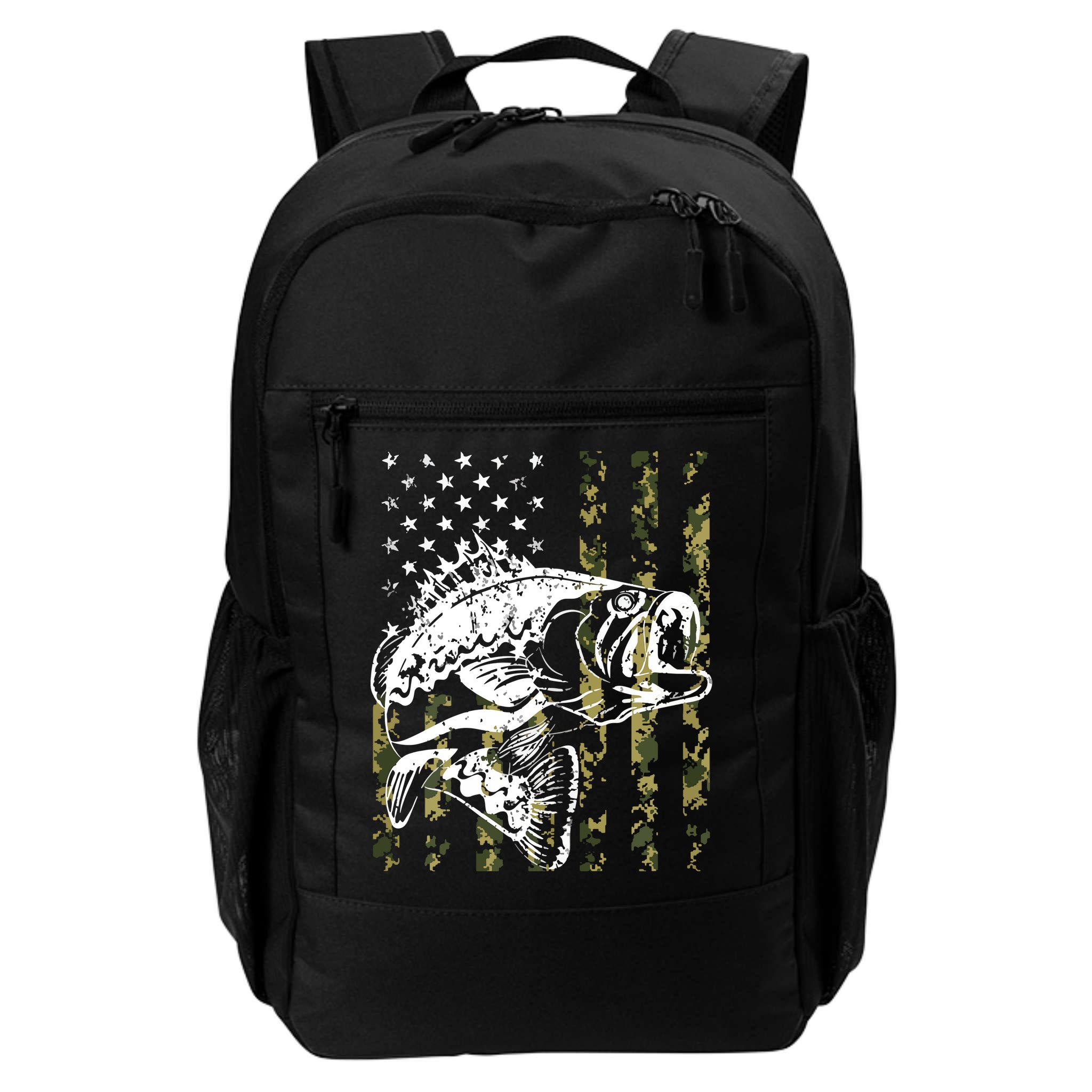 Fishing, Camouflage American Flag Fish, Bass Fish Fisherman Backpack