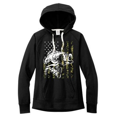 Fishing, Camouflage American Flag Fish, Bass Fish Fisherman Women's Fleece Hoodie