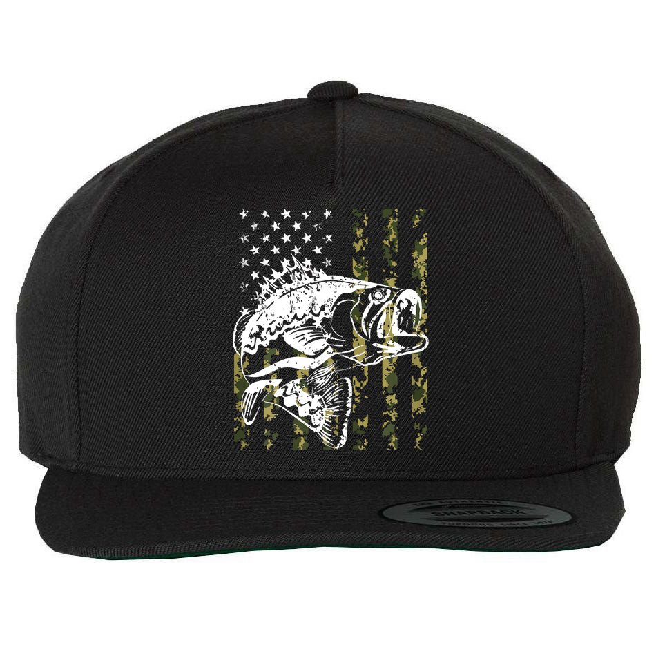 Fishing, Camouflage American Flag Fish, Bass Fish Fisherman Wool Snapback Cap