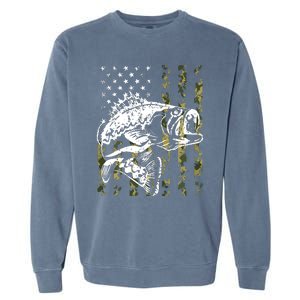 Fishing, Camouflage American Flag Fish, Bass Fish Fisherman Garment-Dyed Sweatshirt