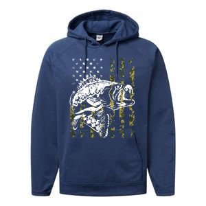 Fishing, Camouflage American Flag Fish, Bass Fish Fisherman Performance Fleece Hoodie