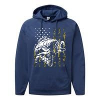 Fishing, Camouflage American Flag Fish, Bass Fish Fisherman Performance Fleece Hoodie