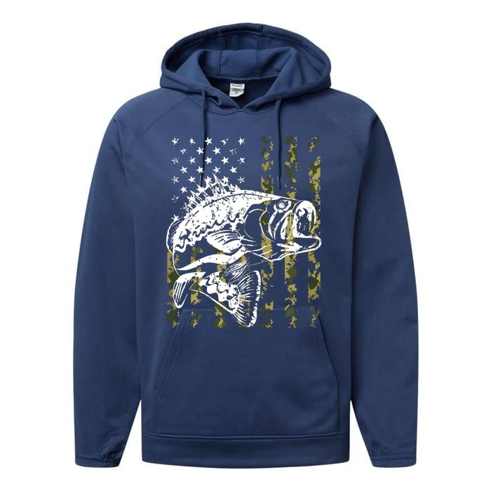 Fishing, Camouflage American Flag Fish, Bass Fish Fisherman Performance Fleece Hoodie