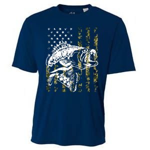 Fishing, Camouflage American Flag Fish, Bass Fish Fisherman Cooling Performance Crew T-Shirt