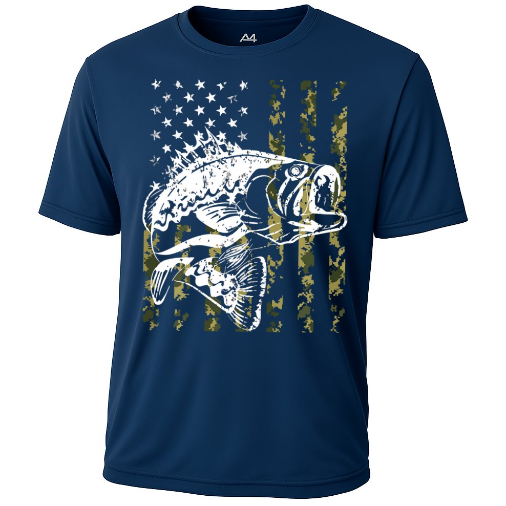 Fishing, Camouflage American Flag Fish, Bass Fish Fisherman Cooling Performance Crew T-Shirt