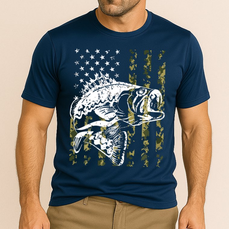 Fishing, Camouflage American Flag Fish, Bass Fish Fisherman Cooling Performance Crew T-Shirt