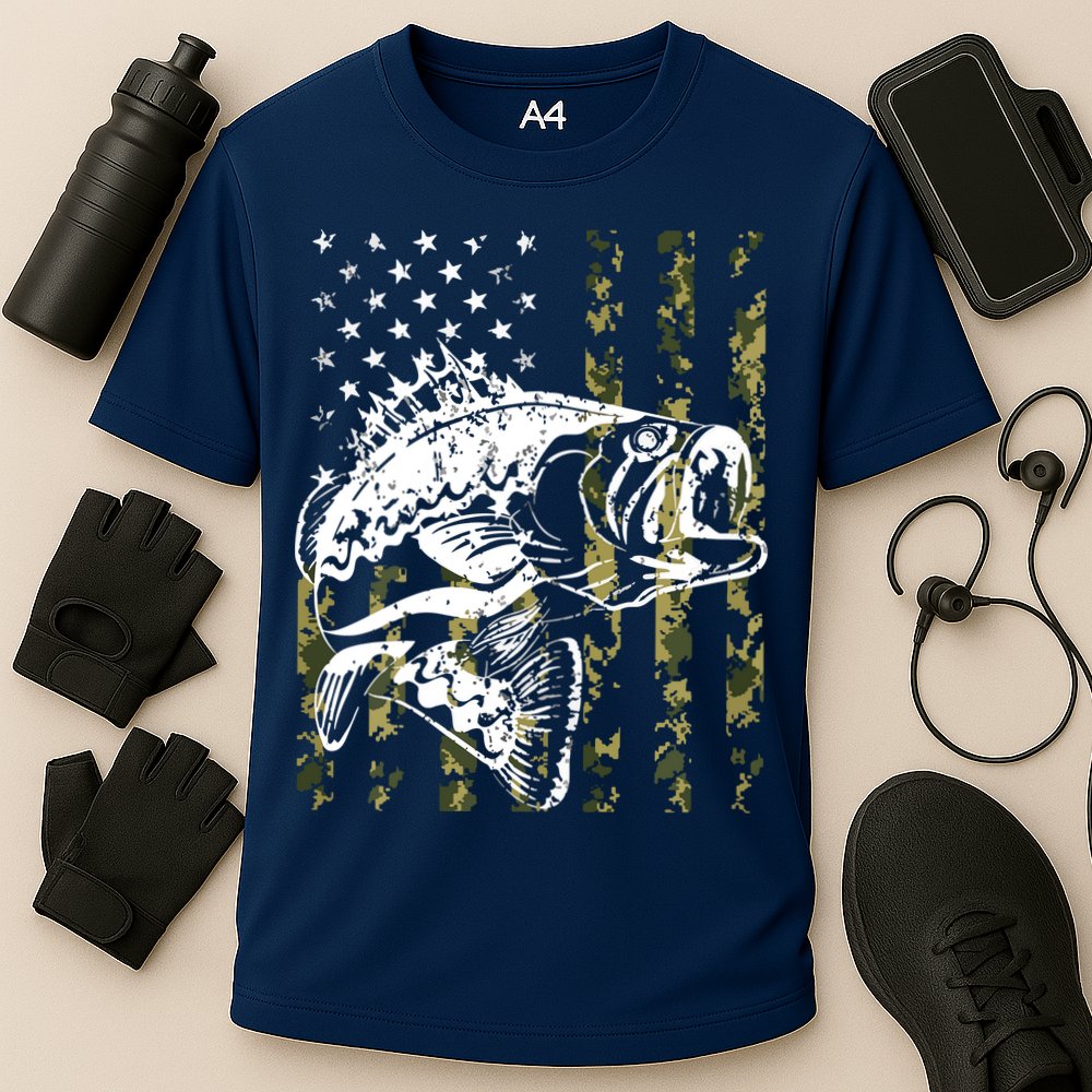 Fishing, Camouflage American Flag Fish, Bass Fish Fisherman Cooling Performance Crew T-Shirt