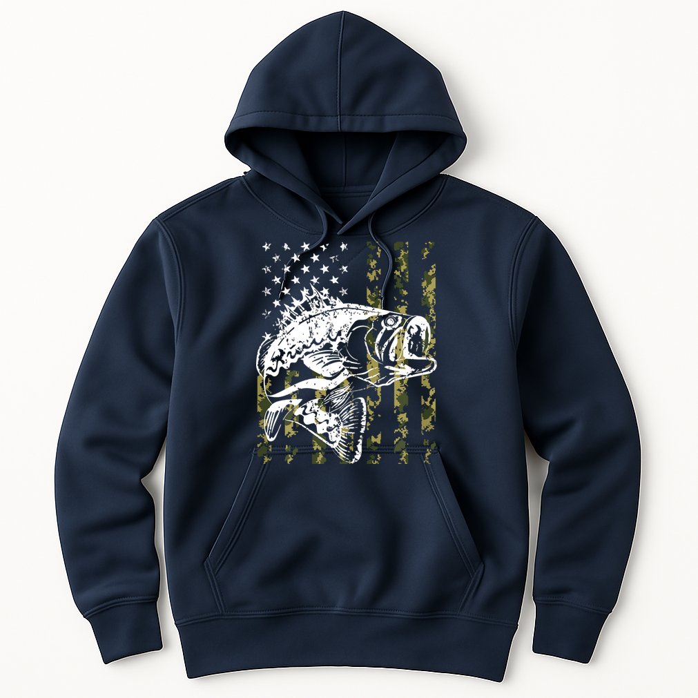 Fishing, Camouflage American Flag Fish, Bass Fish Fisherman Hoodie