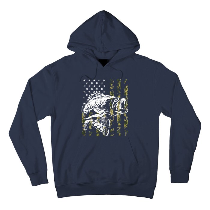 Fishing, Camouflage American Flag Fish, Bass Fish Fisherman Hoodie