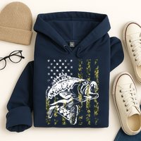 Fishing, Camouflage American Flag Fish, Bass Fish Fisherman Hoodie