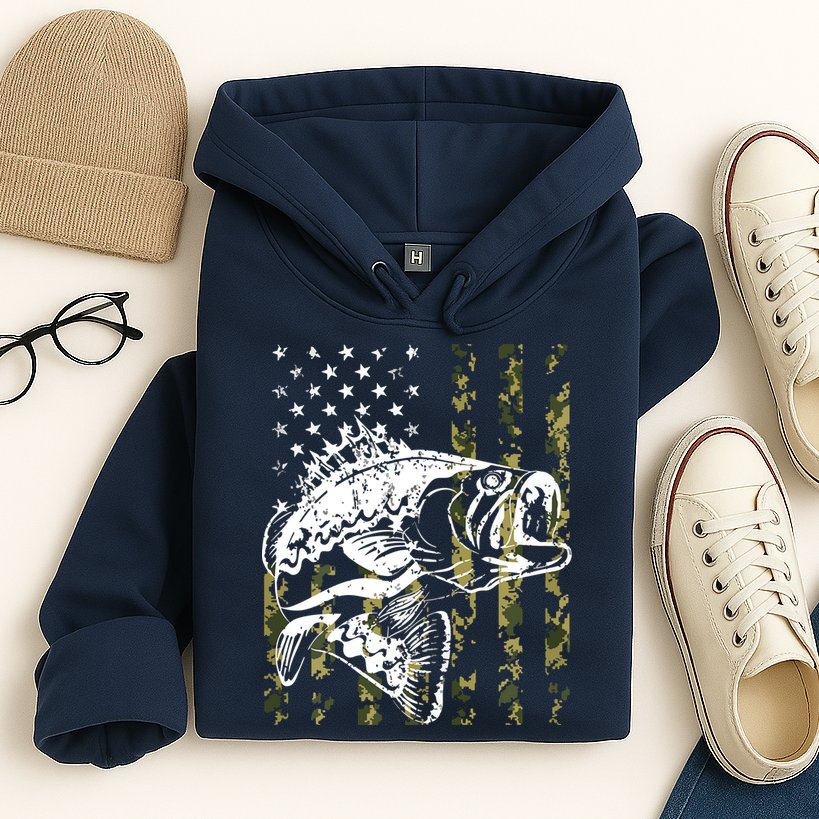 Fishing, Camouflage American Flag Fish, Bass Fish Fisherman Hoodie