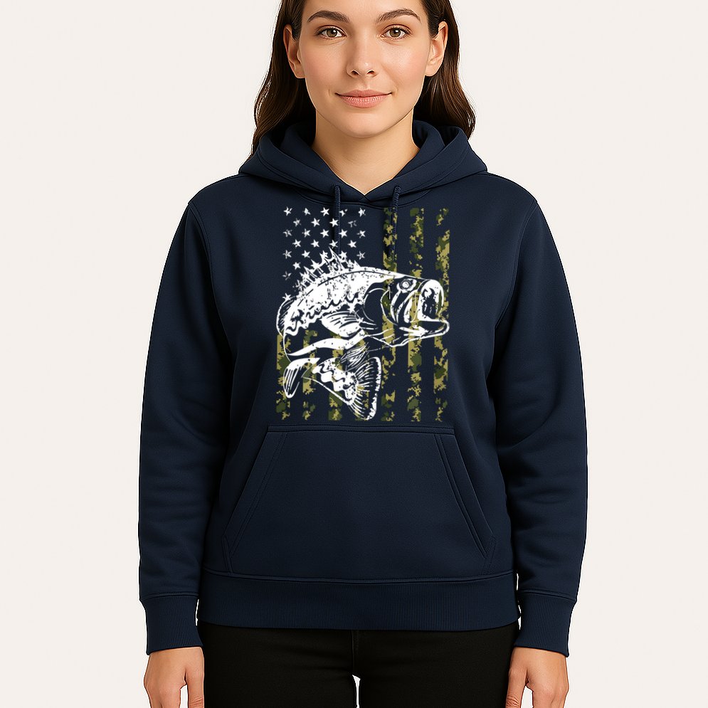 Fishing, Camouflage American Flag Fish, Bass Fish Fisherman Hoodie