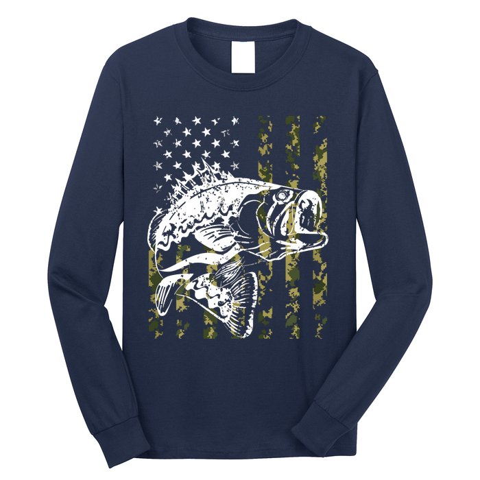 Fishing, Camouflage American Flag Fish, Bass Fish Fisherman Long Sleeve Shirt