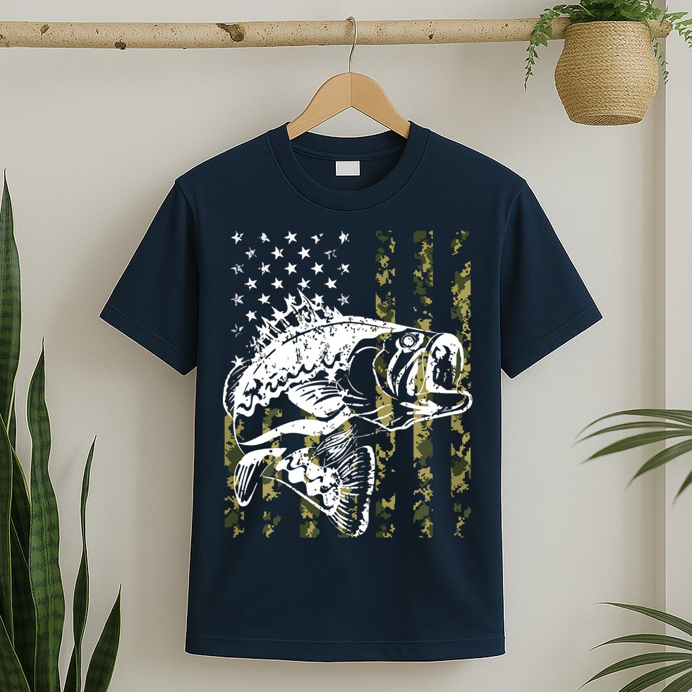 Fishing, Camouflage American Flag Fish, Bass Fish Fisherman T-Shirt