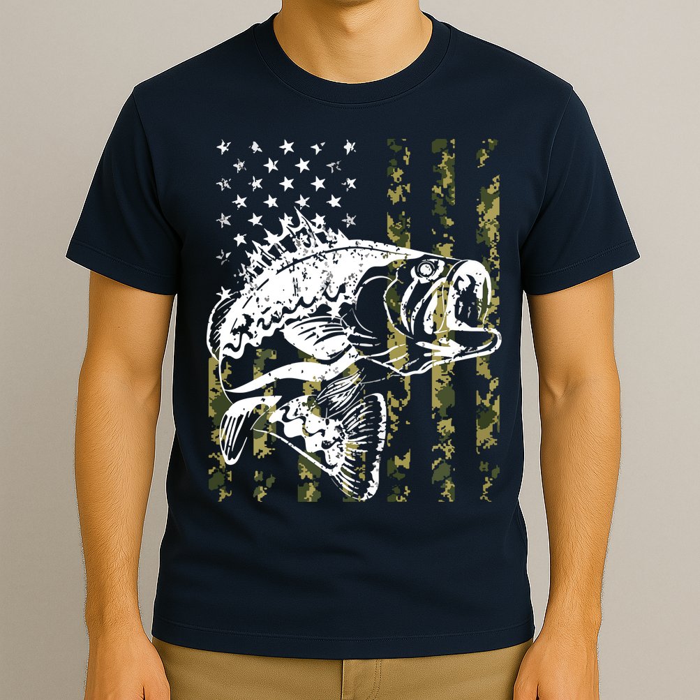 Fishing, Camouflage American Flag Fish, Bass Fish Fisherman T-Shirt