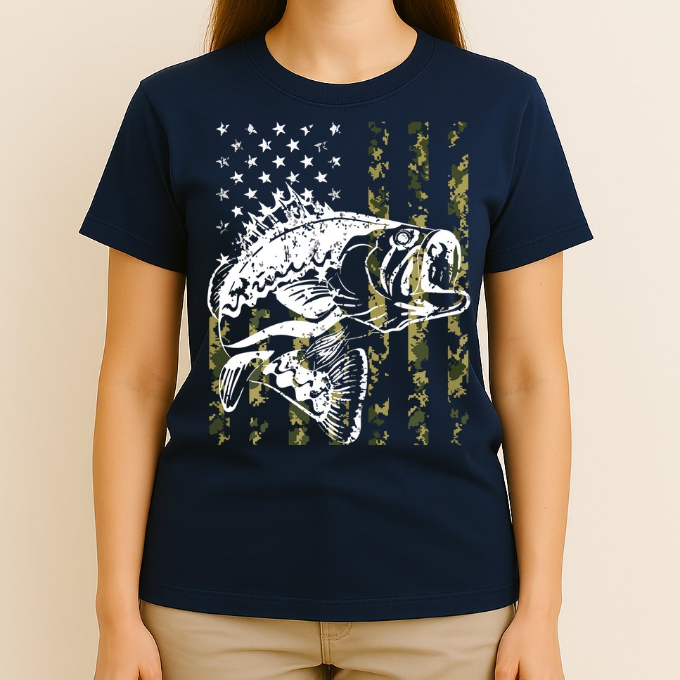 Fishing, Camouflage American Flag Fish, Bass Fish Fisherman T-Shirt