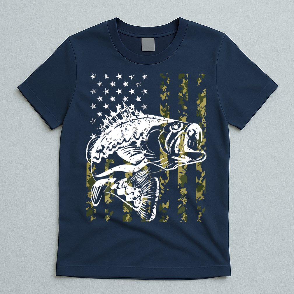 Fishing, Camouflage American Flag Fish, Bass Fish Fisherman T-Shirt