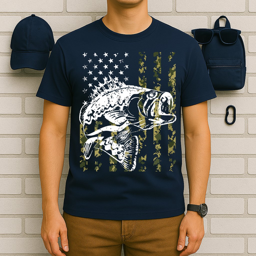 Fishing, Camouflage American Flag Fish, Bass Fish Fisherman T-Shirt