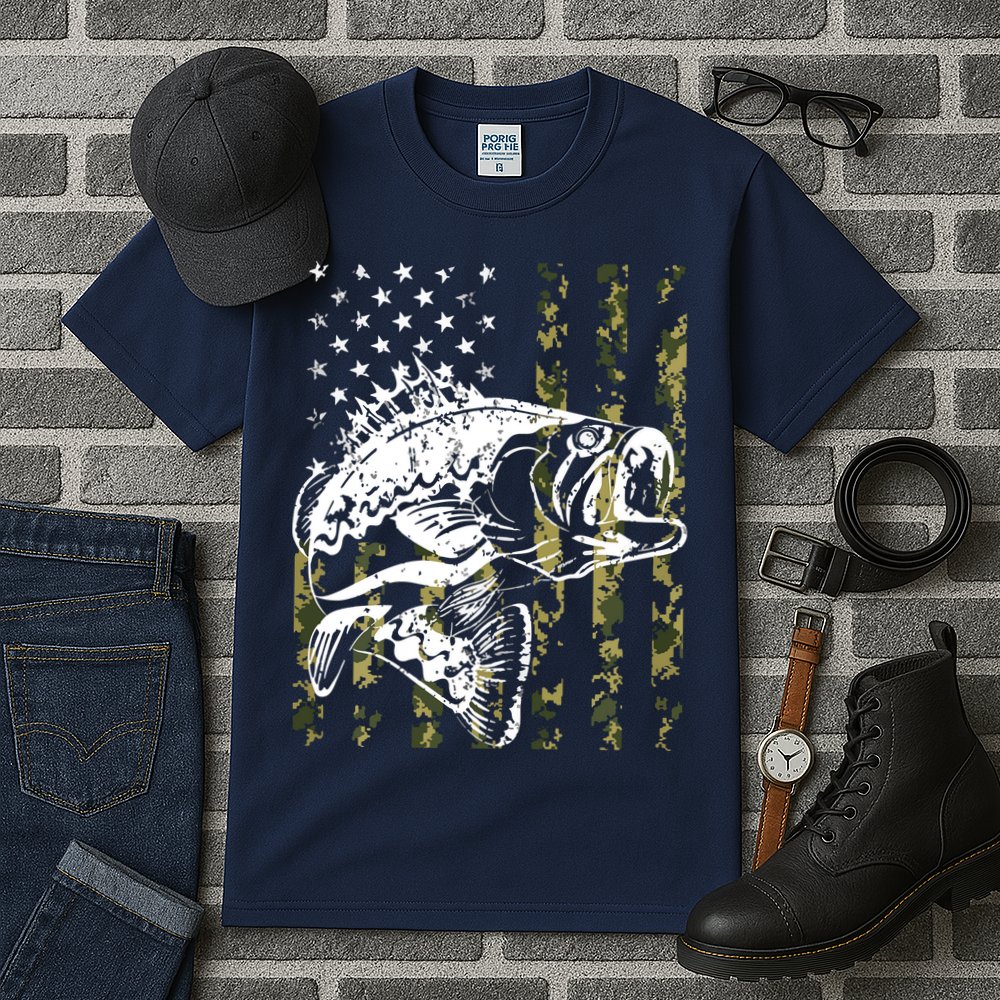 Fishing, Camouflage American Flag Fish, Bass Fish Fisherman Tall T-Shirt