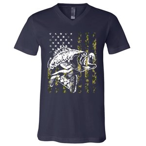 Fishing, Camouflage American Flag Fish, Bass Fish Fisherman V-Neck T-Shirt