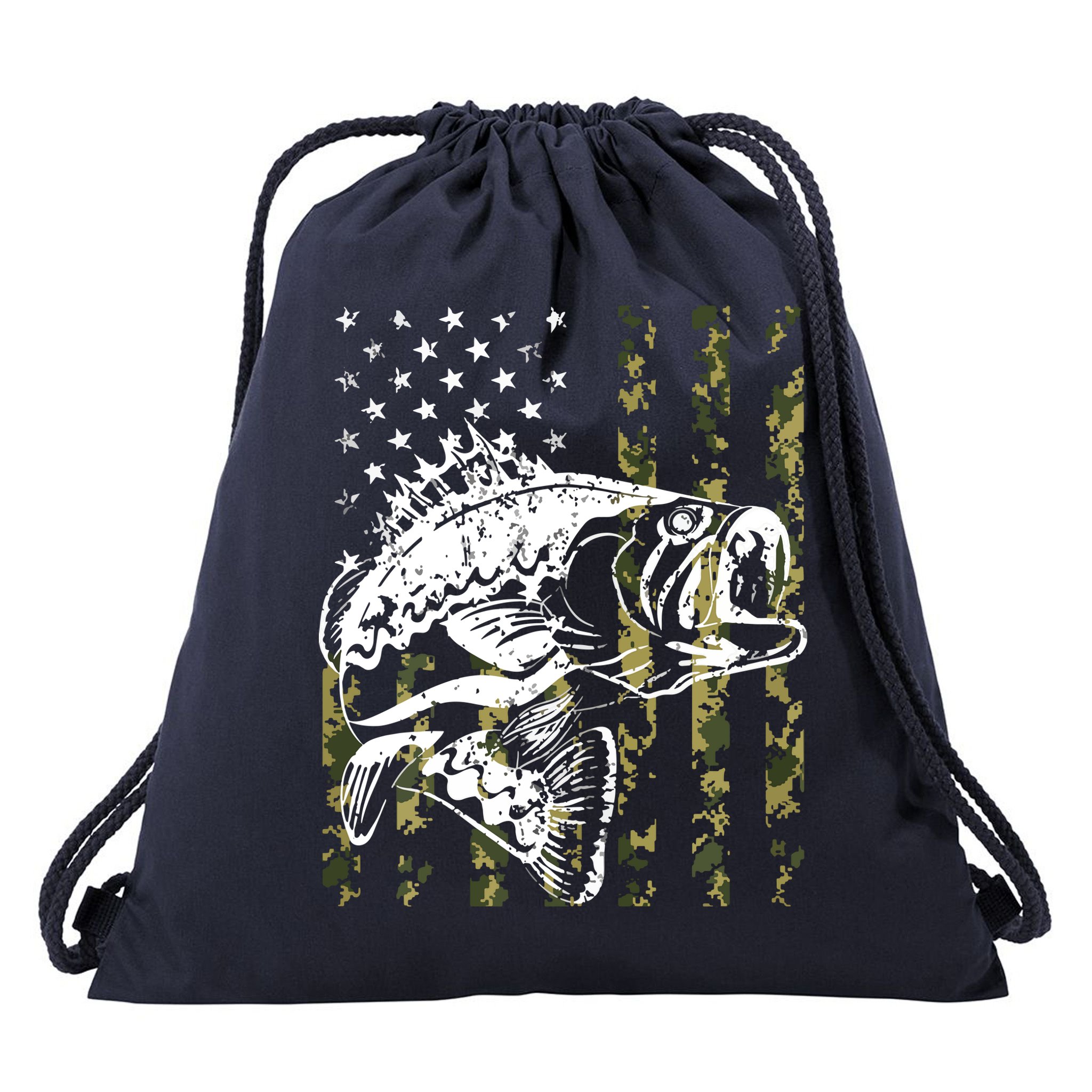Fishing, Camouflage American Flag Fish, Bass Fish Fisherman Drawstring Bag