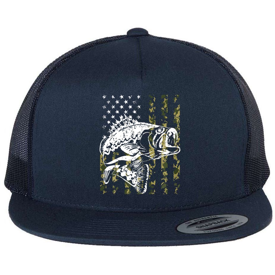 Fishing, Camouflage American Flag Fish, Bass Fish Fisherman Flat Bill Trucker Hat