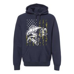 Fishing, Camouflage American Flag Fish, Bass Fish Fisherman Premium Hoodie