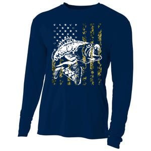 Fishing, Camouflage American Flag Fish, Bass Fish Fisherman Cooling Performance Long Sleeve Crew