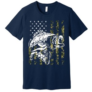 Fishing, Camouflage American Flag Fish, Bass Fish Fisherman Premium T-Shirt