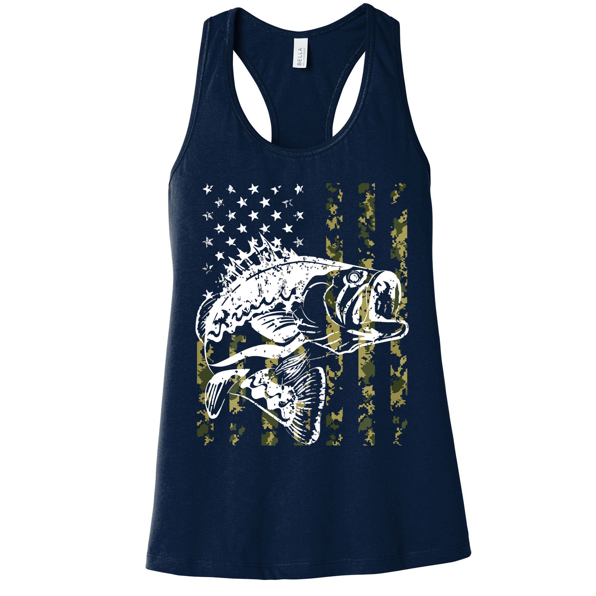 Fishing, Camouflage American Flag Fish, Bass Fish Fisherman Womens Tank Top