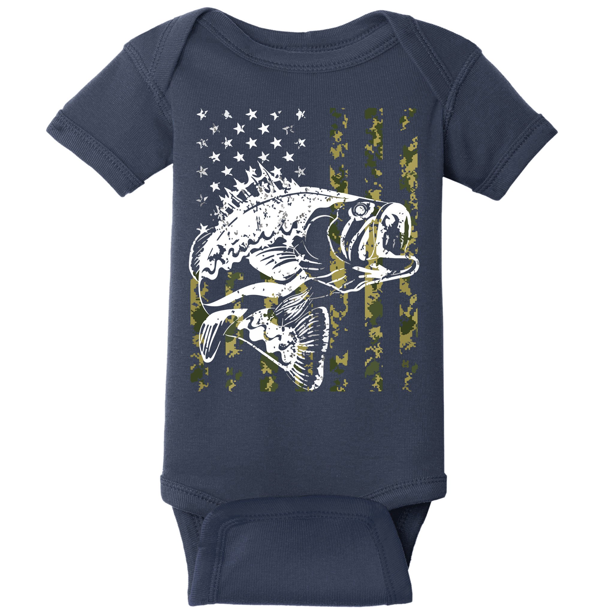 Fishing, Camouflage American Flag Fish, Bass Fish Fisherman Baby Bodysuit